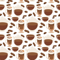 Seamless vector pattern with coffee cups and beans. Cozy fall design for cafe packaging, textile prints, and autumn food branding.
