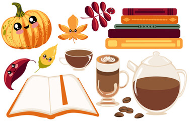 Cute autumn clipart with pumpkin, books, coffee, and sea buckthorn tea. Cozy seasonal set for classroom decor, planners, cafe menus, or hygge-themed illustrations.