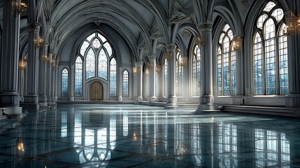 Grand gothic hall with ornate arches and reflective marble floor bathed in natural light