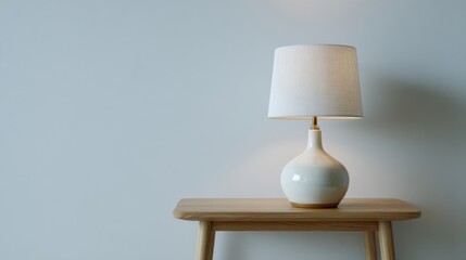 Simple table lamp on a light wooden side table against a pale wall