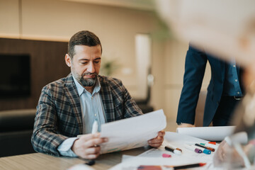 A focused businessman reviews paperwork in a collaborative office setting with colleagues present,...