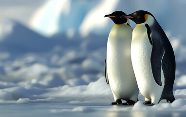 Obraz premium Wild Emperor Penguins in Antarctica – Ice and Mountain Landscape.