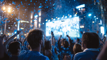 A large crowd of soccer fans wearing blue shirts cheering and watching a live game on a big outdoor screen during a sports event celebration.