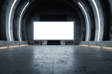 Sci Fi Futuristic Mockup Cyberpunk Empty White Billboard Advertisement Grunge Concrete Modern Warehouse Tunnel Corridor Factory Realistic Background 3D Rendering Illustration