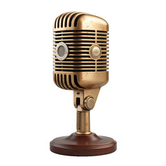 Vintage-style gold microphone with rounded cage head and wooden base, classic mid-century broadcasting design isolated on white background