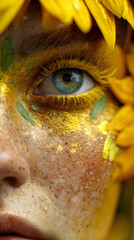 Woman with sunflower makeup and freckles embracing summer vibes
