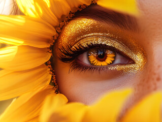 Woman with sunflower in her eye embracing nature's beauty. Close-up of a woman's eye reflecting a sunflower, showcasing a surreal and captivating connection with nature