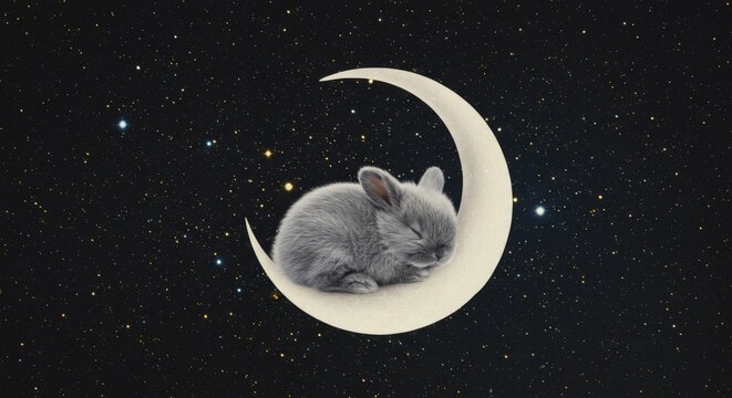 Bunny Dreams on Crescent Moon - A tiny grey bunny sleeps soundly on a crescent moon amidst a starry night sky. Symbolizing dreams, peace, tranquility, hope, and the magic of childhood