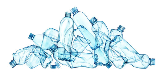 Blue plastic bottles. Watercolor transparent bottles arrangement for ecology posters, environment protection, save the ocean, Earth day posters, web. Stop Plastic pollution banner. 