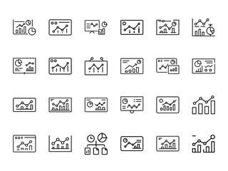 "Minimal Line Icons Representing Data Analytics, Business Graphs, Charts, and Statistical Dashboard Elements for Web and App UI Design"