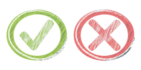 Check mark and cross mark symbols for right and wrong decisions and choices in green and red colors