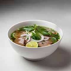 A bowl of authentic Vietnamese pho soup with beef, lime, onions, basil, and fresh herbs served in a white bowl.