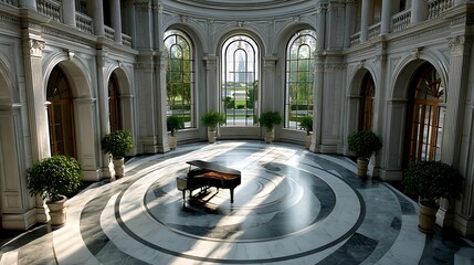 Grand rotunda with grand piano and sunlight streaming through arched windows