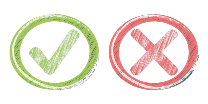 Check mark and cross mark symbols for right and wrong decisions and choices in green and red colors