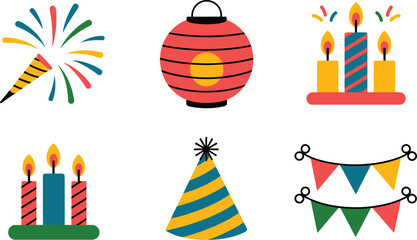 A festive collection of party decorations including candles and party favors set up