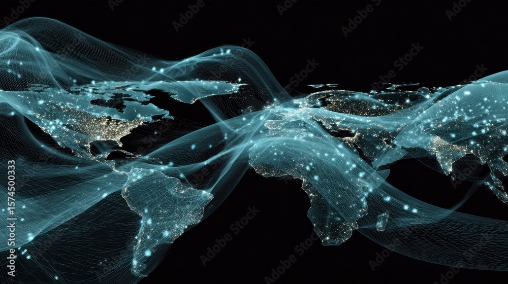 Poster an imaginative depiction of interconnected data points in a technological landscape. the abstract de