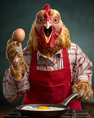 Funny chicken in a red apron with eggs on a dark background.