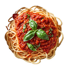 Top-down view of spaghetti with chunky tomato sauce and fresh basil leaves, realistic close-up food PNG on white background