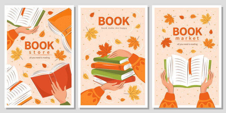 Set of banner for bookstore, library, sale in bookshop, market. People read books with autumn bright leaves. Vector illustration for poster, cover, marketing, sale.