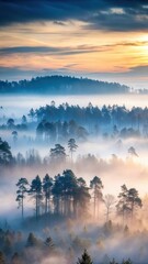 Lonely forest at dawn with foggy mist rising from the ground