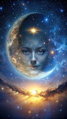 Celestial body with unusual shape and facial features in the center amidst a starry night sky