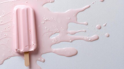 Pink popsicle on a white background. the popsicle is on a wooden stick and is covered in a thick layer of pink ice cream.