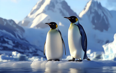 Obraz premium Dramatic Antarctic Scene – Penguins and Icy Mountains in the Distance.