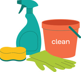 A still life of a bucket, spray bottle, sponge, and gloves on a white background