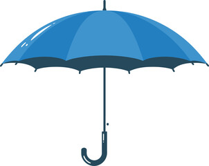 A single blue umbrella with a curved handle isolated on a plain background view