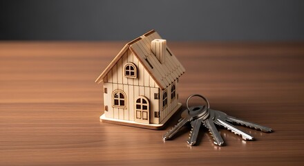 Wooden house model and keys on a table.