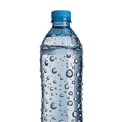 Clear plastic water bottle with condensation droplets and blue cap, standing upright on white background, hydration and purity concept PNG