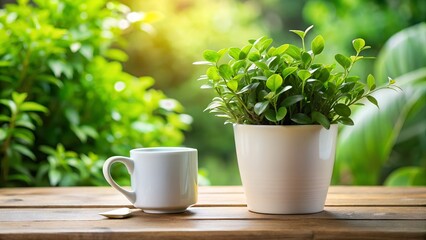 Plant and mug on a wooden table