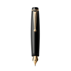 Sophisticated black fountain pen with gold-colored nib and clip, realistic rendering on white background, timeless writing tool PNG