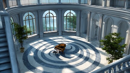 Elegant grand hall with grand piano and scenic views
