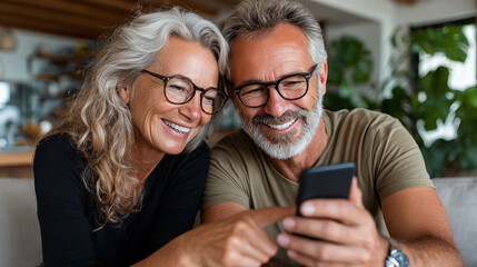 Portrait of happy senior couple using mobile phone in living room at home