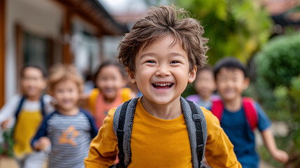 Portrait of happy asian boy with backpack and classmates in background