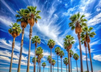 Fototapeta premium California palm trees standing tall against the bright blue sky with a few wispy clouds