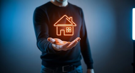 A person holds a glowing house icon in their hand.