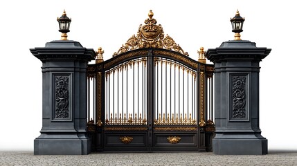Ornate black and gold wrought iron estate gates with lamp posts and stone pillars