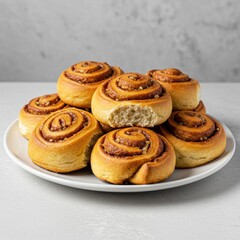 Exquisite Swedish Cinnamon Buns on White Platter, Studio Shot. Best Quality.