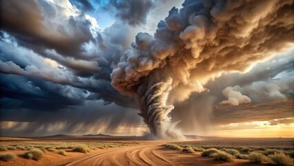 A massive tornado touches down in a vast desert landscape