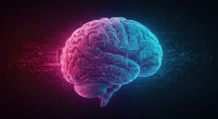 Digital brain with circuit board texture illuminated in pink and blue light