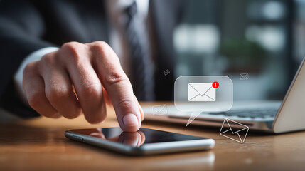 Businessman using smartphone with new email alert. Communication connection messages in global workplaces through email marketing or digital newsletter