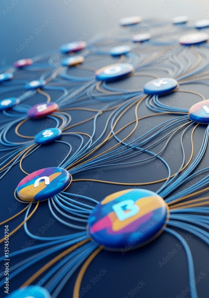 Poster global network connections - abstract of interconnected nodes representing a global network, data fl