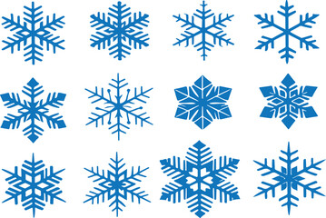 A collection of twelve blue snowflake designs on a white background