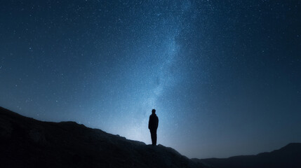 Silhouette night sky star mountain person landscape peaceful silhouette of person stands mountain star filled night sky
