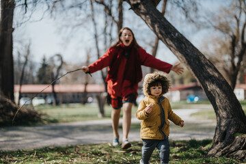 A young child dressed in warm attire walks through a scenic park, with an adult joyfully engaging...