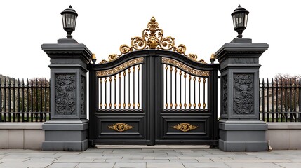 Ornate black and gold grand entrance gate with stone pillars and lampposts