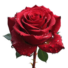 Elegant single red rose with glistening dew and unopened bud, high-resolution botanical PNG with clean white background