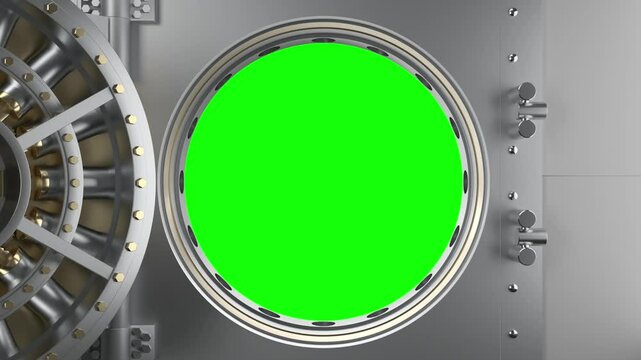 Bank vault door opening with green screen 3d